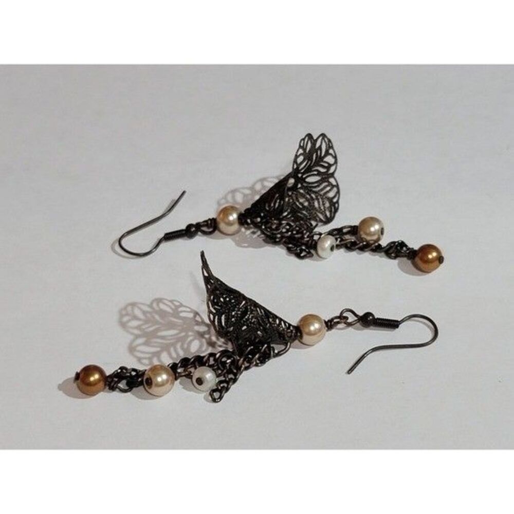 Whimsical Bronze Trumpet Flower Bead Drop Fishhook 2" Earrings 90's